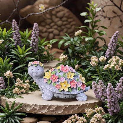 Solar Turtle Statues Garden Decor - Cute Turtle Figurine with Flowers Solar Lights, Tortoise Statue for Outdoor Yard, Lawn, Patio Decoration - Birthday Gifts for Mom Grandma Women