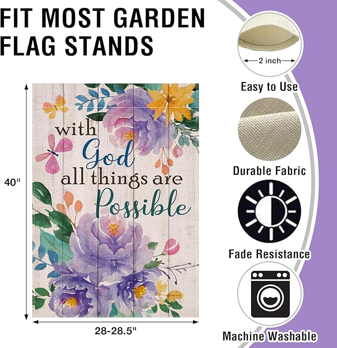 Artofy with God All Things are Possible Christian Large Decorative House Flag, Spring Summer Religious Purple Peony Flower Yard Garden Outside Decor, Inspirational Farm Outdoor Home Decoration 28 x 40