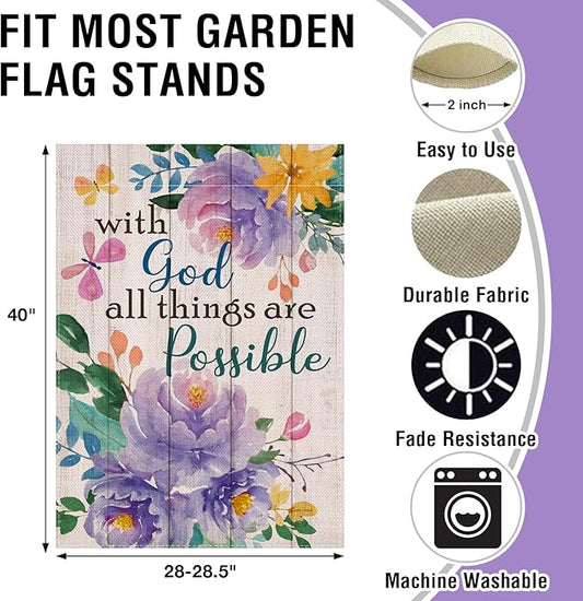 Artofy with God All Things are Possible Christian Large Decorative House Flag, Spring Summer Religious Purple Peony Flower Yard Garden Outside Decor, Inspirational Farm Outdoor Home Decoration 28 x 40