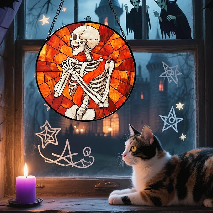 Stained Glass Window Hanging - Halloween Decorations Fear Skeleton Suncatcher for Doors Garden Indoor Spooky Funny Sun Catchers Gothic Decor Horror Gifts for Women Men Friend 9.8 in
