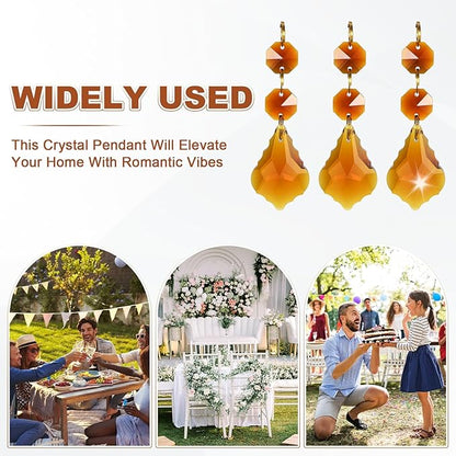 M METERXITY 10PCS Crystal Suncatcher 2 Leaves Prisms Pendants Ornament, 38mm Chandelier Hanging Crystal Sun Catcher Beads for Home Garden Windows Wedding DIY Decoration [Amber]