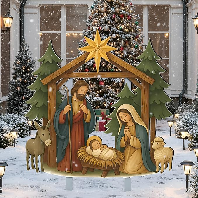 Cinnvoice Large Christmas Metal Yard Stakes Christmas Garden Stakes Waterproof Xmas Outdoor Yard Decor with Stake for Xmas Holiday Lawns Outdoor Decor(Nativity Scene)