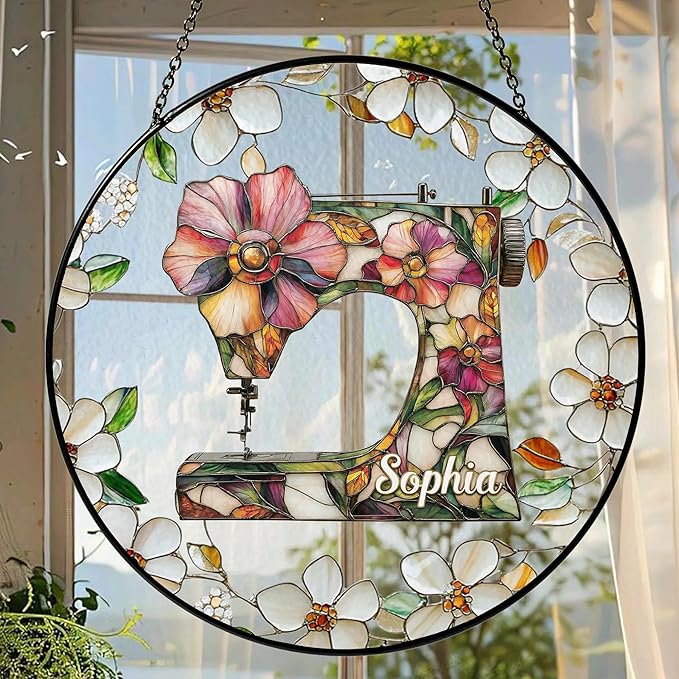 Sewing Machine Stained Glass Suncatcher Window Hanging, Gift for Sewing Lovers Tailor Shop Decor Sew Room Decorations, Quilting Sign Quilter & Sewer Gifts for Women Mom Grandma Sister