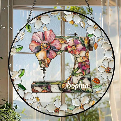 Sewing Machine Stained Glass Suncatcher Window Hanging, Gift for Sewing Lovers Tailor Shop Decor Sew Room Decorations, Quilting Sign Quilter & Sewer Gifts for Women Mom Grandma Sister