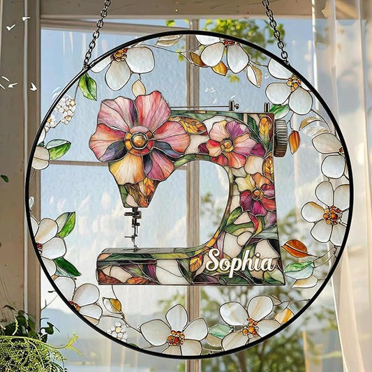 Sewing Machine Stained Glass Suncatcher Window Hanging, Gift for Sewing Lovers Tailor Shop Decor Sew Room Decorations, Quilting Sign Quilter & Sewer Gifts for Women Mom Grandma Sister