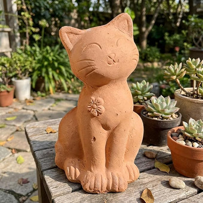 Handmade Terracotta Cat Garden Statue, Rustic Clay Cat Figurine for Outdoor Patio Balcony Yard Decor, Small Cat Sculpture Lawn Ornament Natural Garden Accent 8.3"×4.3"×3.3"