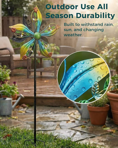 Wind Spinners Outdoor,Kinetic Wind Sculptures & Spinners, 57" Double-Side Metal Wind Spinner for Yard and Garden, Lawn Art Decorations Flower & Bee