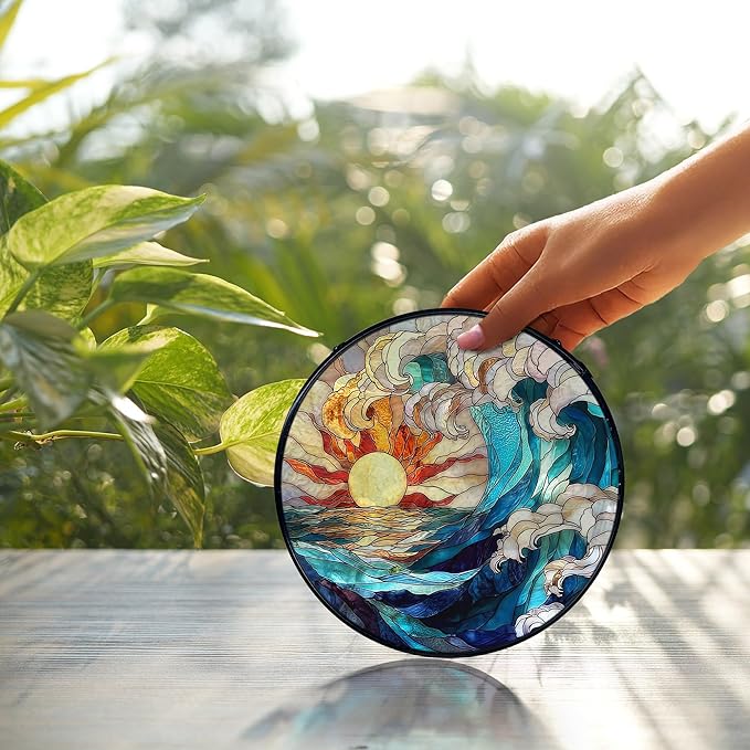 Sun Coastal Ocean Suncatcher Stained Glass Window Hanging, Ocean Waves Sunshine Sun Catchers Indoor Window Glass Wall Art Decor, Nautical Beach Wall Hanging Decor, 7.9x7.9 Inch 039-MH-BLGH