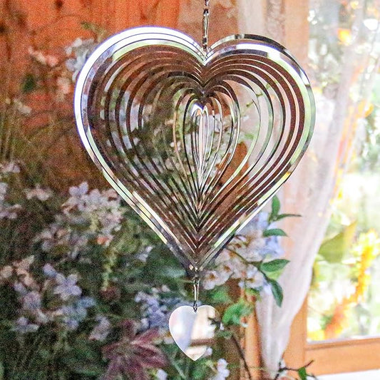 Phuryllic Wind Spinners Outdoor, Garden Decor, Bird Deterrents for Outside, 3D Metal Yard Decorations for Patio & Porch, Unique Gardening Gifts for Women & Moms - 8in Silver Heart