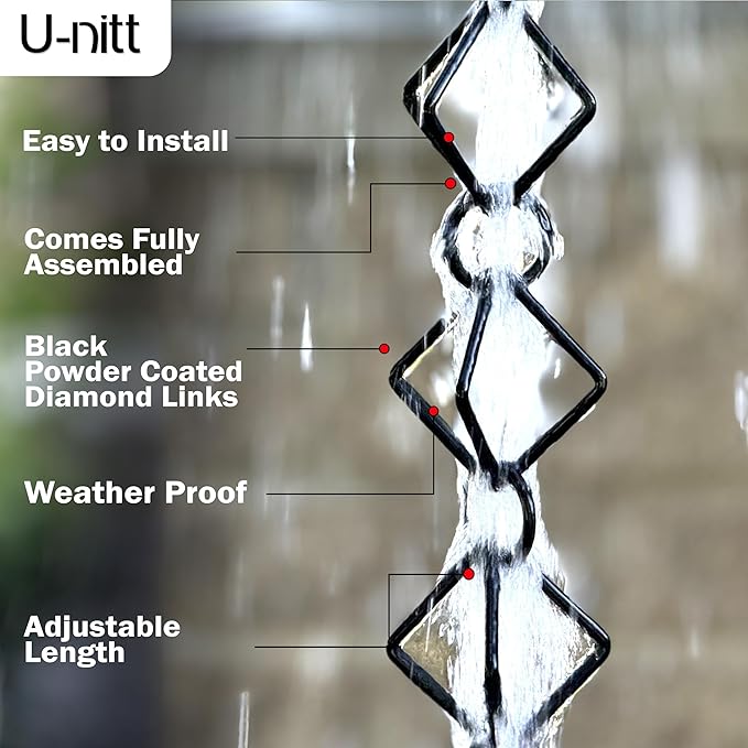 U-nitt Rain Chain Water Collection for Gutters Rainwater Catcher & Diverter, 8.5 FT Chains for Outside Garden, Black Diamond Link, Roof Downspout, Works with Heavy Rain, w/ Gutter Clip for Rainchains
