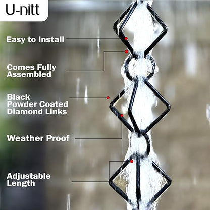 U-nitt Rain Chain Water Collection for Gutters Rainwater Catcher & Diverter, 8.5 FT Chains for Outside Garden, Black Diamond Link, Roof Downspout, Works with Heavy Rain, w/ Gutter Clip for Rainchains