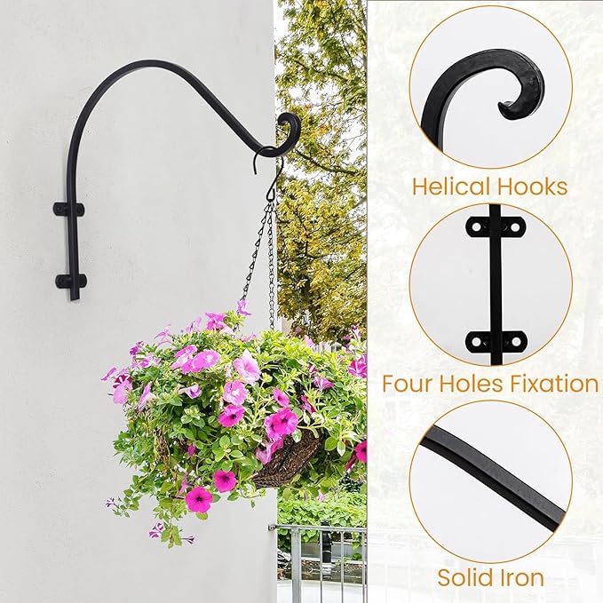 6 Pack 16 Inch Hanging Plant Brackets, Heavy Duty Outdoor Plant Hangers, Black Plant Hanger Bracket for Flower Basket, Bird Feeders, Lanterns, Wind Chimes