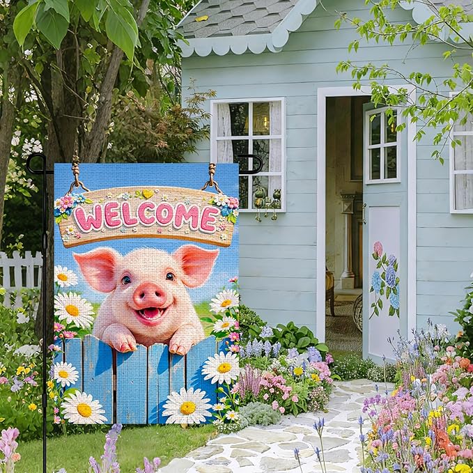 IVN Welcome Pig Spring Garden Flag 12x18 Inch Funny Piglet Watercolor Blue Garden Gate Fence Daisies Pink Flower Dasiy Watering Can Floral Double Sided Burlap Vertical Small Yard House Flag Seasonal Outdoor Decoration for Outside Home Front Door Lawn P...