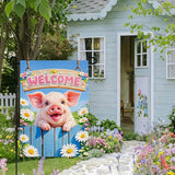 IVN Welcome Pig Spring Garden Flag 12x18 Inch Funny Piglet Watercolor Blue Garden Gate Fence Daisies Pink Flower Dasiy Watering Can Floral Double Sided Burlap Vertical Small Yard House Flag Seasonal Outdoor Decoration for Outside Home Front Door Lawn P...