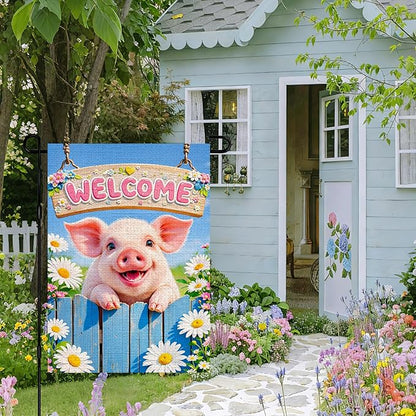 IVN Welcome Pig Spring Garden Flag 12x18 Inch Funny Piglet Watercolor Blue Garden Gate Fence Daisies Pink Flower Dasiy Watering Can Floral Double Sided Burlap Vertical Small Yard House Flag Seasonal Outdoor Decoration for Outside Home Front Door Lawn P...