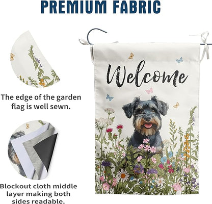 Floral Schnauzer Garden Flag Spring Summer House Flags 28 x 40 Double Sided Flower Dog Yard Flags for Outside Large Outdoor Welcome Flags