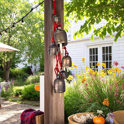 Handmade Rustic Bells Wind Chimes for Outside 7 Hanging Bells on Rope, Brass-Coated Iron Bells for Door, Outdoor Patio, Farmhouse Decor, Christmas Ornaments, Boho Hanging Bell, Vintage Wind Bell 55"