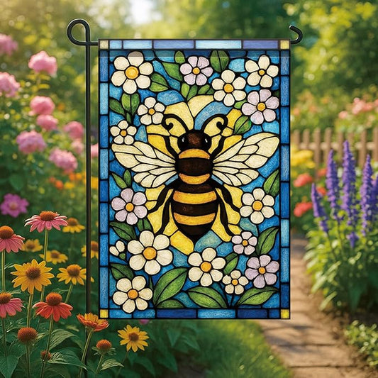 Spring Summer Garden Flag 12x18 Inch Stained Glass Bee Floral Art Nature Pollinator Design Outdoor Yard Porch Lawn Garden for Seasonal Cottage Farmhouse Home Decor