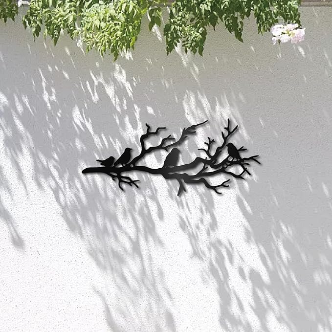 CREATCABIN Birds on Branch Metal Wall Decor Metal Branch Wall Art Decor Black Leaves with Birds Laser Cut Hanging Ornament Decoration Sculpture Minimalist Gift for Bedroom Home 11.8x5Inch