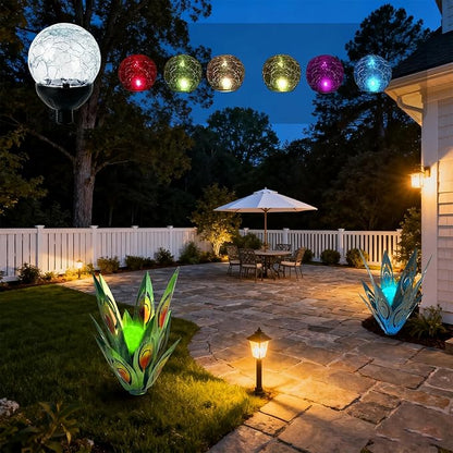 Jesokiibo 2PCS Solar Globe Lights Cracked Glass Ball,Garden Decor Outdoor Waterproof,Globe Lighting for Tequila Sculpture Metal Agave Plant Home Decor Balcony Backyard