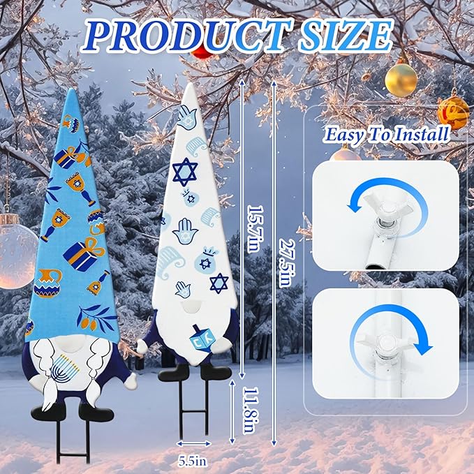 Cinnvoice 2 Pcs Hanukkah Metal Yard Gnome Stakes 27.6” Chanukah Decorative Gnomes Stakes for Outdoor Happy Hanukkah Garden Signs for Jewish Christmas Party Supplies Lawn Garden Decoration