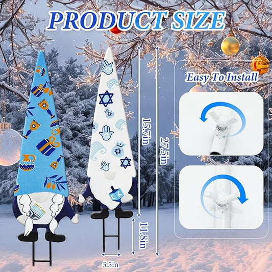 Cinnvoice 2 Pcs Hanukkah Metal Yard Gnome Stakes 27.6” Chanukah Decorative Gnomes Stakes for Outdoor Happy Hanukkah Garden Signs for Jewish Christmas Party Supplies Lawn Garden Decoration