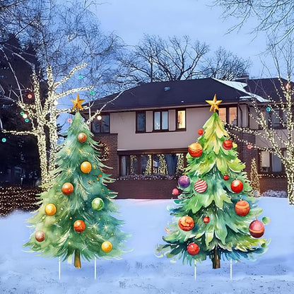 Geelin 2 Pcs Large Christmas Tree Sign Yard with Stake 2.62 ft Vintage Patio Lawn Decoration Outdoor Christmas Party Favor Ornament Garden Sign for Party Supplies(Watercolor Trees)
