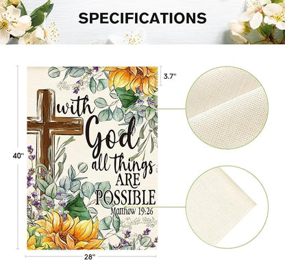AVOIN colorlife Sunflower Spring Summer House Flag 28x40 Inch Double Sided Outside, With God All Things Are Possible Floral Yard Outdoor Decoration