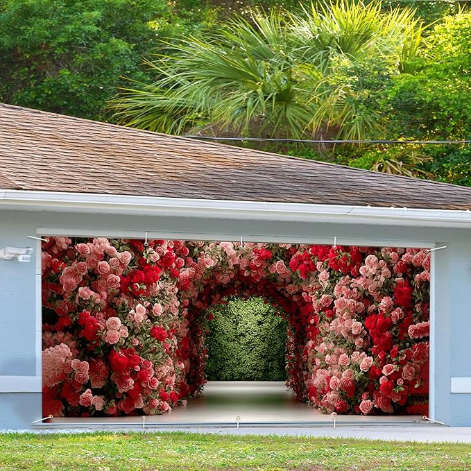 16x7ft Flower Tunnel Arch Garage Door Banner - Colorful Blossom Pathway Backdrop, Large Hanging 2 cars Garage Decorations - for Spring Garden Party & Wedding Valentines Welcome Background Sign, Outdoor Decor