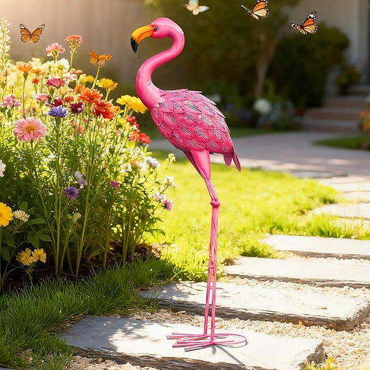 Pink Flamingo Garden Statue Outdoor Decoration, Metal Yard Art Lawn Ornament, Suitable for Backyard Pond, Patio, Porch Outdoor Decor (Large Size)