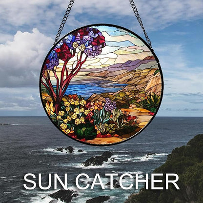 Stained Glass Window Hanging Retro Wildflowers Lake Mountain Scenery Large 11.8" - Suncatcher Door Garden Sun Catcher Home Decor Birthday Christmas for Mom Men Woman Friend