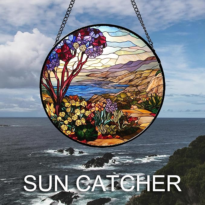 Stained Glass Window Hanging Retro Wildflowers Lake Mountain Scenery 6.3" - Suncatcher Door Garden Sun Catcher Home Decor Birthday Christmas for Mom Men Woman Friend
