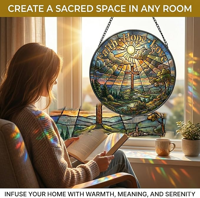 Christian Stained Glass Suncatcher, Faith Hope Love Cross Stained Glass Window Hanging, Sun Catchers Indoor Window Decor, Stained Glass Window Panel, Suncatchers for Windows Hanging Gift (6 Inch)