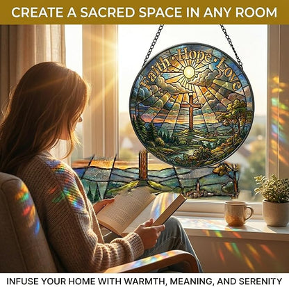 Christian Stained Glass Suncatcher, Faith Hope Love Cross Stained Glass Window Hanging, Sun Catchers Indoor Window Decor, Stained Glass Window Panel, Suncatchers for Windows Hanging Gift (6 Inch)
