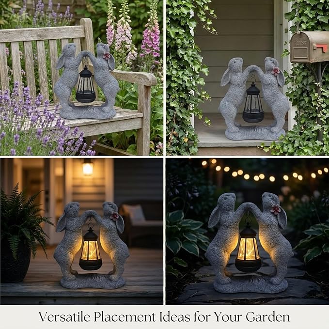 Rabbit Solar Garden Statue, Outdoor Double Bunny Decorations with Hanging Lantern, Bunny Figurines Decor for Patio Yard Lawn, Whimsical Housewarming Gifts for Women & Garden Lovers