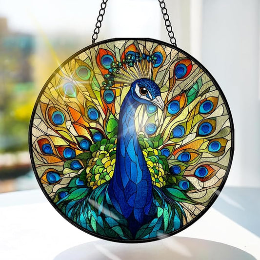 Bimkole Peacock Stained Glass Suncatcher Window Hanging - Animal Indoor Window or Doorway Decoration - Handmade Sun Catcher Decor for Garden Home Christmas & Birthday Gifts 7.87x7.87 inch