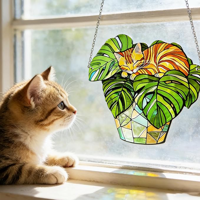 Cat Stained Glass Suncatcher Window, Hanging Sun Catchers Indoor Window, Suncatcher for Mom/Women (Monstera & Cat)