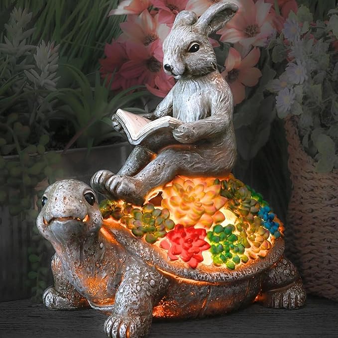 TERESA'S COLLECTIONS Garden Decor, Rabbit Turtle Garden Decor, Cute Bunny and Tortoise with Solar Light, Waterproof Resin Garden Statue, Rabbit Turtle Gifts, Birthday Gifts for Women Mom 6.3"