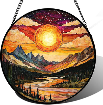 DASTOLL Stained Glass Window Hanging, Dusk Sunset Landscape Sun Catchers Glass Panel Lakes and Mountains Suncatcher Decor for Birthday for Women, Men, Wife, Aunt, and Mom 14.9 in