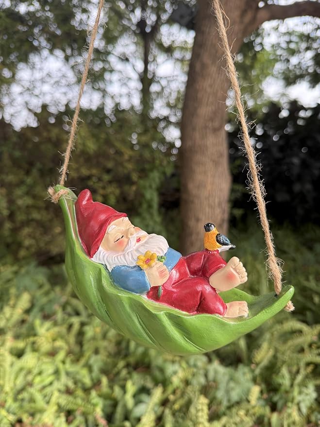 Garden Gnome Outdoor Statues for Garden Decor, Gnome Bird Flowers Resin Hanging Decorations Tree Ornaments Figurines for Outside Backyard Art Decor