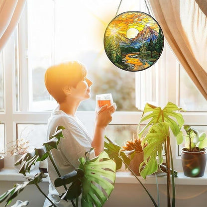 Bimkole Scenery Stained Glass Suncatcher Window Hanging - Rivers Indoor Window or Doorway Decoration - Handmade Sun Catcher Decor for Garden Home Christmas & Birthday Gifts 7.87x7.87 inch