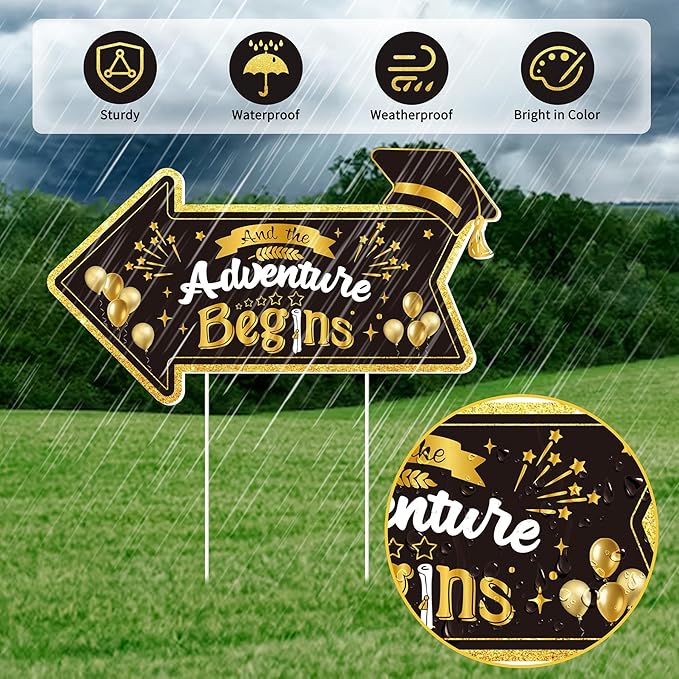 2026 Graduation This Way Yard Sign Arrow for Outdoor Pathway,Graduation Cap Hanging Yard Signs,Black Gold Directional Yard Signs with Stakes Ribbon,Grad Party Decor for College High School
