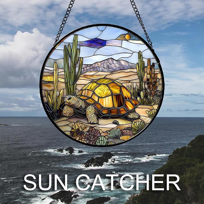Stained Glass Window Hanging Golden Turtle Cactus Landscape 6.3" - Suncatcher Door Garden Sunroom Sun Catcher Home Decor Birthday Christmas for Mom Men Woman Nana