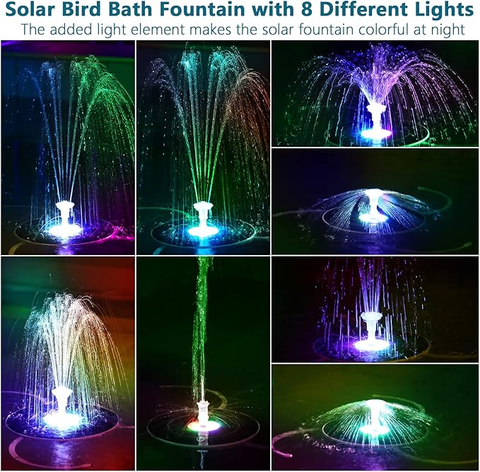 AISITIN 6.5W Solar Fountain for Bird Bath with 3000mAh Battery & Color Changing LED Light, 3 Anti-Drift Fixed Bracket & 8 Nozzles, Solar Water Fountain for Bird Bath, Garden, Pond, Patio, Courtyard