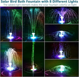 AISITIN 6.5W Solar Fountain for Bird Bath with 3000mAh Battery & Color Changing LED Light, 3 Anti-Drift Fixed Bracket & 8 Nozzles, Solar Water Fountain for Bird Bath, Garden, Pond, Patio, Courtyard