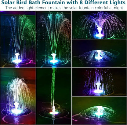 AISITIN 6.5W Solar Fountain for Bird Bath with 3000mAh Battery & Color Changing LED Light, 3 Anti-Drift Fixed Bracket & 8 Nozzles, Solar Water Fountain for Bird Bath, Garden, Pond, Patio, Courtyard