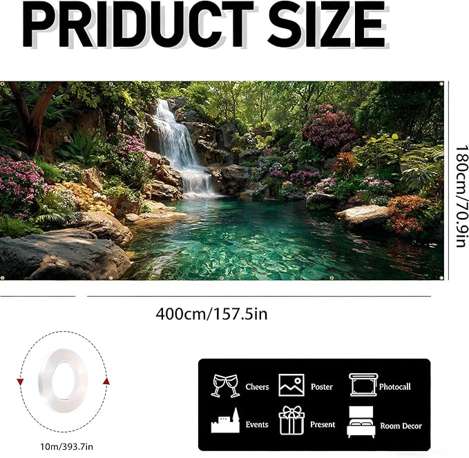 Garage door banner cover, 6x13 ft beautiful waterfall and pond background, Large Outdoor Backyard Landscape Decoration (Waterfall Pond)
