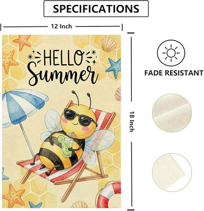 Hello Summer Bee Beach Garden Flag 12x18 Inch Double Sided Seasonal Holiday Burlap Yard Pool Outdoor Decorations