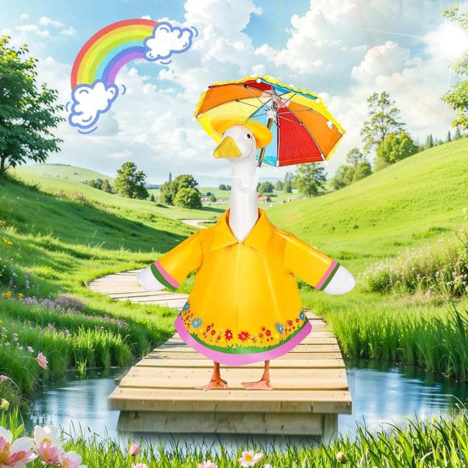 Raincoat Porch Goose Outfits, 23" Goose Statue Raincoat Costume Spring Porch Goose Outfits, Durable Summer Lawn Goose Clothes with Hat Umbrella, Outdoor Yard Patio Garden Holiday Decor