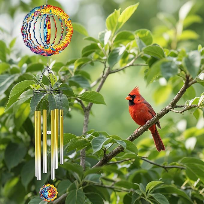 Wind Chime with Sun and Moon Spinner, Celestial Gift for Women, Hanging Metal Wind Catcher with 2" Center Pendant, 6" 3D Stainless Steel Kinetic Art for Garden Yard Décor